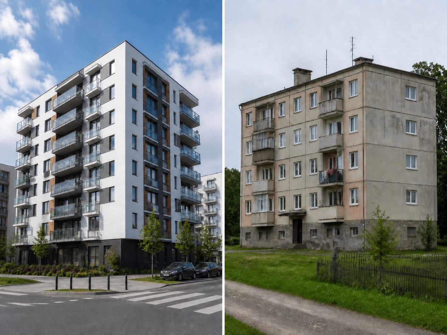 Srovnání novostavby a nerekonstruovaného bytového domu — technický stav ovlivňuje cenu